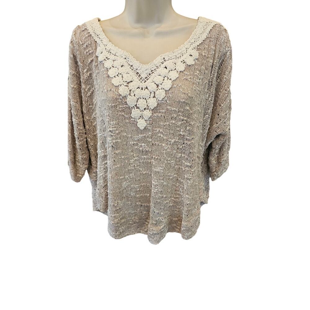 Meadow rue sz M slub knit neutral lace trim career casual old money stretch tan
